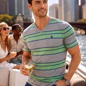 U.S. Polo Assn. Gray and Green Striped Tee